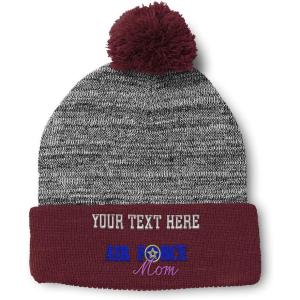 imagePom Pom Beanies for Women Air Force Mom Embroidery Skull Cap Family Winter Hats for Men Acrylic 1 SizeHeather Gray Burgundy Personalized Text Here