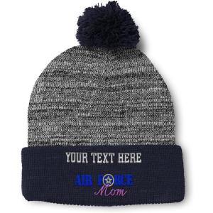 imagePom Pom Beanies for Women Air Force Mom Embroidery Skull Cap Family Winter Hats for Men Acrylic 1 SizeHeather Gray Navy Personalized Text Here