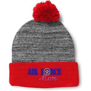 imagePom Pom Beanies for Women Air Force Mom Embroidery Skull Cap Family Winter Hats for Men Acrylic 1 SizeHeather Gray Red Design Only