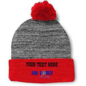 imagePom Pom Beanies for Women Air Force Mom Embroidery Skull Cap Family Winter Hats for Men Acrylic 1 SizeHeather Gray Red Personalized Text Here