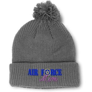 imagePom Pom Beanies for Women Air Force Mom Embroidery Skull Cap Family Winter Hats for Men Acrylic 1 SizeLight Grey Design Only