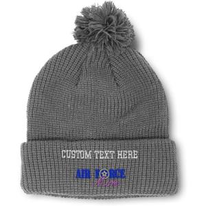 imagePom Pom Beanies for Women Air Force Mom Embroidery Skull Cap Family Winter Hats for Men Acrylic 1 SizeLight Grey Personalized Text Here