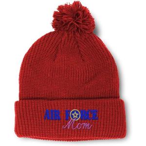 imagePom Pom Beanies for Women Air Force Mom Embroidery Skull Cap Family Winter Hats for Men Acrylic 1 SizeRed Design Only