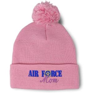 imagePom Pom Beanies for Women Air Force Mom Embroidery Skull Cap Family Winter Hats for Men Acrylic 1 SizeSoft Pink Design Only