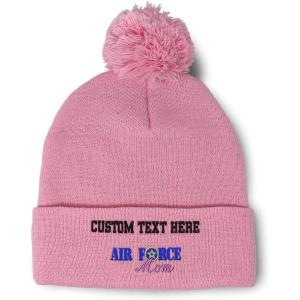imagePom Pom Beanies for Women Air Force Mom Embroidery Skull Cap Family Winter Hats for Men Acrylic 1 SizeSoft Pink Personalized Text Here