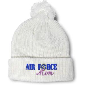 imagePom Pom Beanies for Women Air Force Mom Embroidery Skull Cap Family Winter Hats for Men Acrylic 1 SizeWhite Design Only