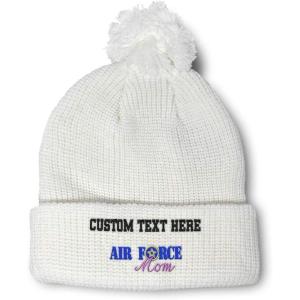 imagePom Pom Beanies for Women Air Force Mom Embroidery Skull Cap Family Winter Hats for Men Acrylic 1 SizeWhite Personalized Text Here