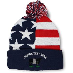imageSpeedy Pros Pom Pom Beanies for Women Belted Galloway Embroidery Skull Cap Winter Hats for Men Acrylic 1 SizeAmerican Flag Personalized Text Here