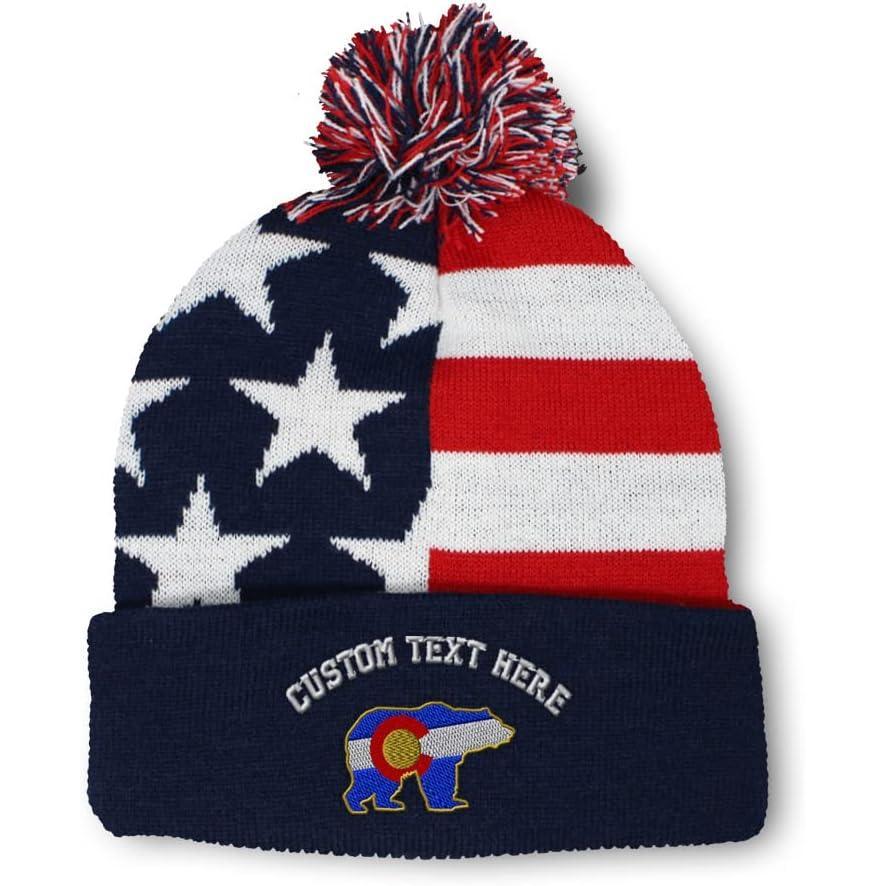 imageSpeedy Pros Pom Pom Beanies for Women Colorado State Flag Bear Embroidery Skull Cap Winter Hats for Men Acrylic 1 SizeAmerican Flag Personalized Text Here