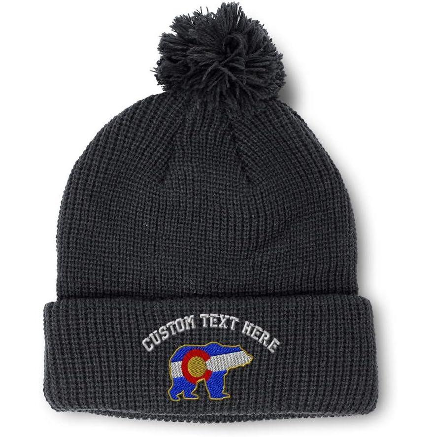 imageSpeedy Pros Pom Pom Beanies for Women Colorado State Flag Bear Embroidery Skull Cap Winter Hats for Men Acrylic 1 SizeBlack Personalized Text Here