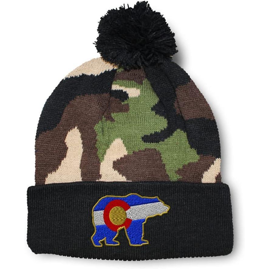 imageSpeedy Pros Pom Pom Beanies for Women Colorado State Flag Bear Embroidery Skull Cap Winter Hats for Men Acrylic 1 SizeCamo Design Only