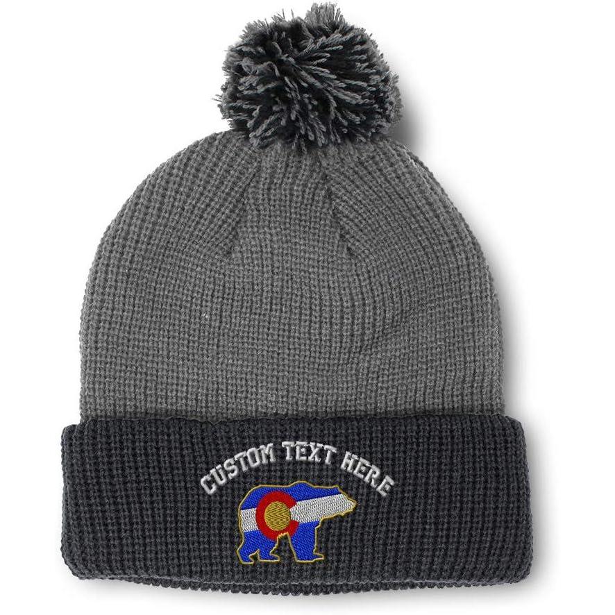 imageSpeedy Pros Pom Pom Beanies for Women Colorado State Flag Bear Embroidery Skull Cap Winter Hats for Men Acrylic 1 SizeGrey Black Personalized Text Here