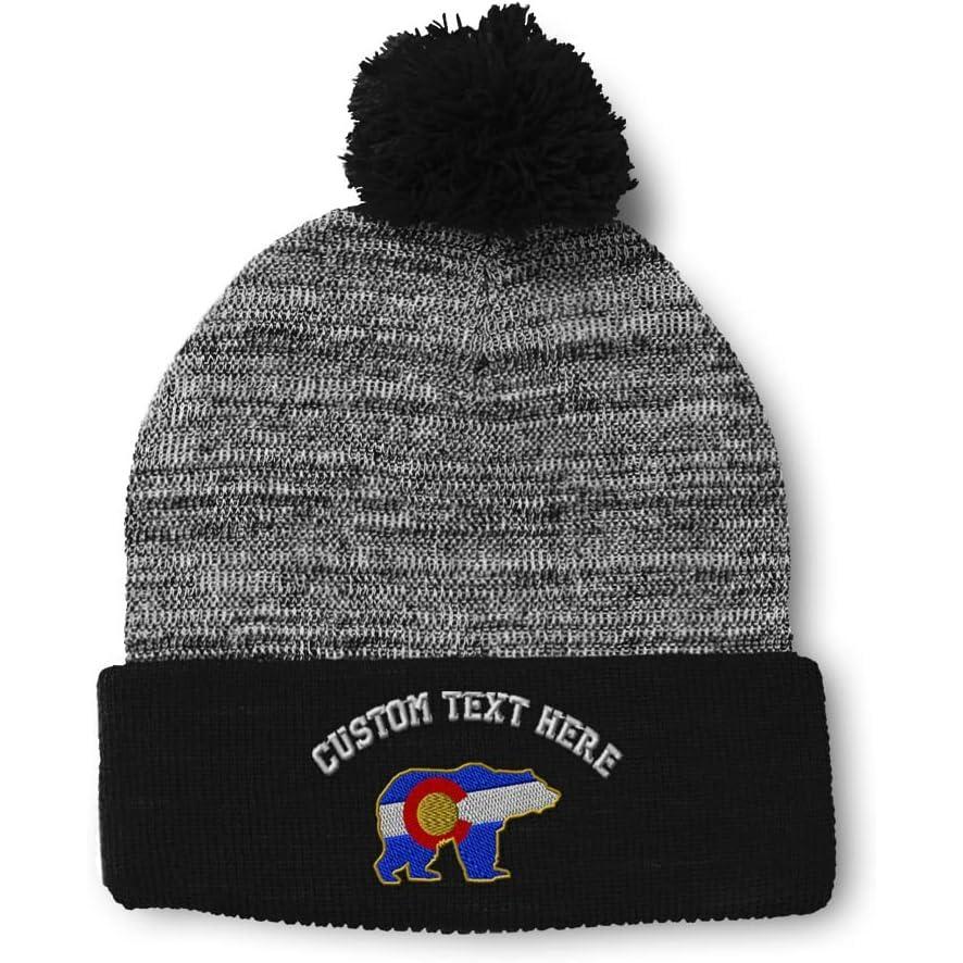 imageSpeedy Pros Pom Pom Beanies for Women Colorado State Flag Bear Embroidery Skull Cap Winter Hats for Men Acrylic 1 SizeHeather Gray Black Personalized Text Here