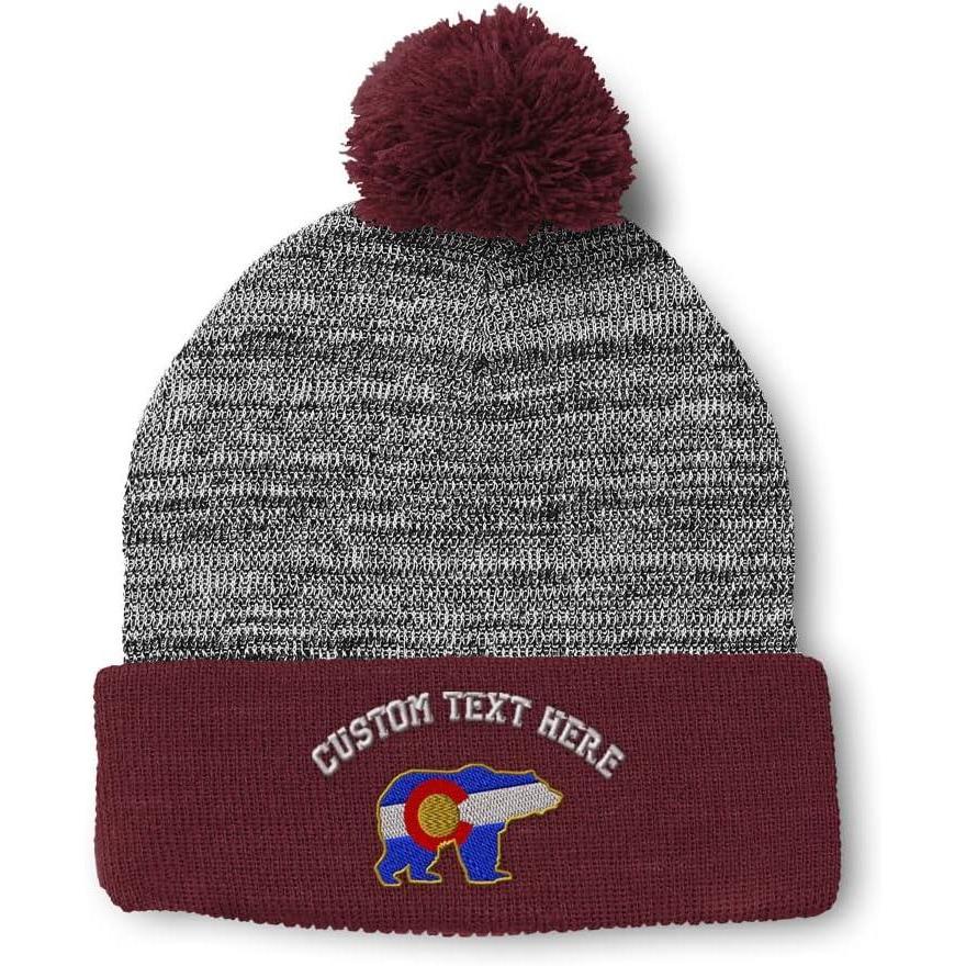 imageSpeedy Pros Pom Pom Beanies for Women Colorado State Flag Bear Embroidery Skull Cap Winter Hats for Men Acrylic 1 SizeHeather Gray Burgundy Personalized Text Here