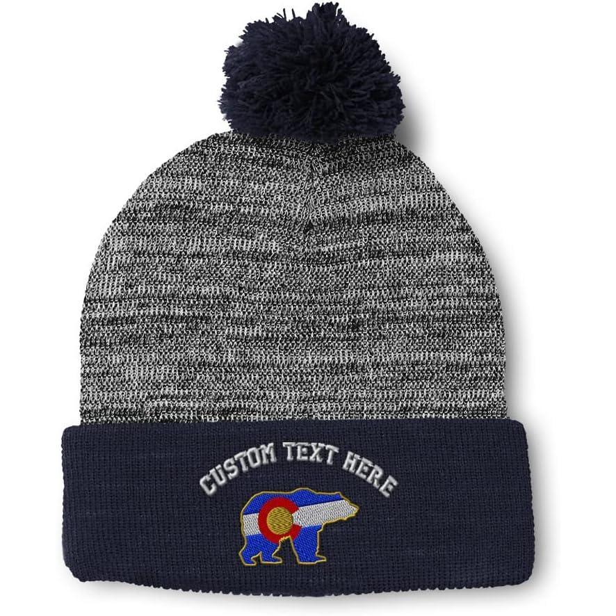 imageSpeedy Pros Pom Pom Beanies for Women Colorado State Flag Bear Embroidery Skull Cap Winter Hats for Men Acrylic 1 SizeHeather Gray Navy Personalized Text Here