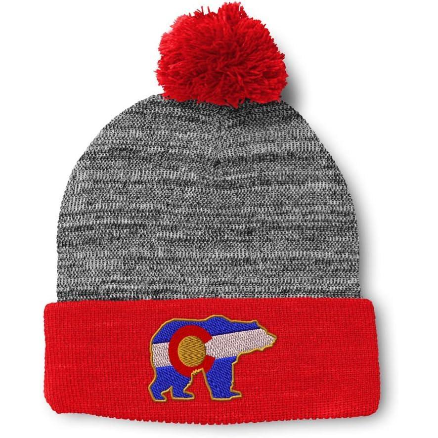 imageSpeedy Pros Pom Pom Beanies for Women Colorado State Flag Bear Embroidery Skull Cap Winter Hats for Men Acrylic 1 SizeHeather Gray Red Design Only