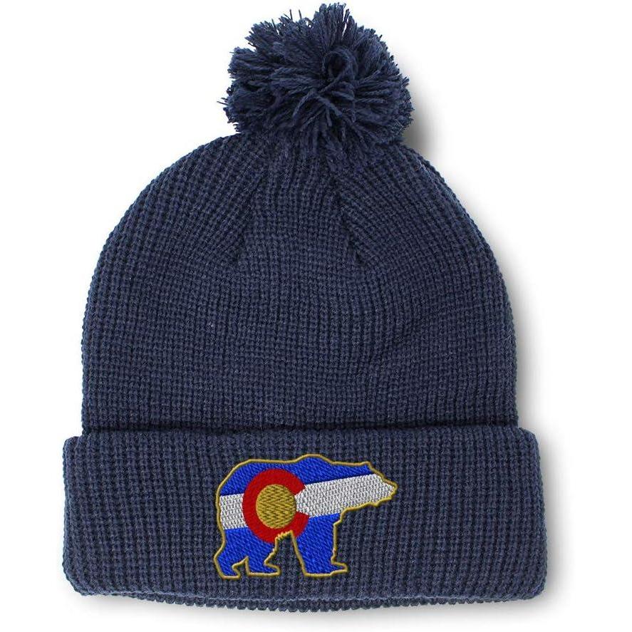 imageSpeedy Pros Pom Pom Beanies for Women Colorado State Flag Bear Embroidery Skull Cap Winter Hats for Men Acrylic 1 SizeNavy Design Only