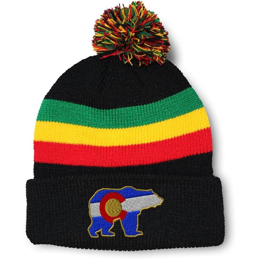 imageSpeedy Pros Pom Pom Beanies for Women Colorado State Flag Bear Embroidery Skull Cap Winter Hats for Men Acrylic 1 SizeRasta Design Only