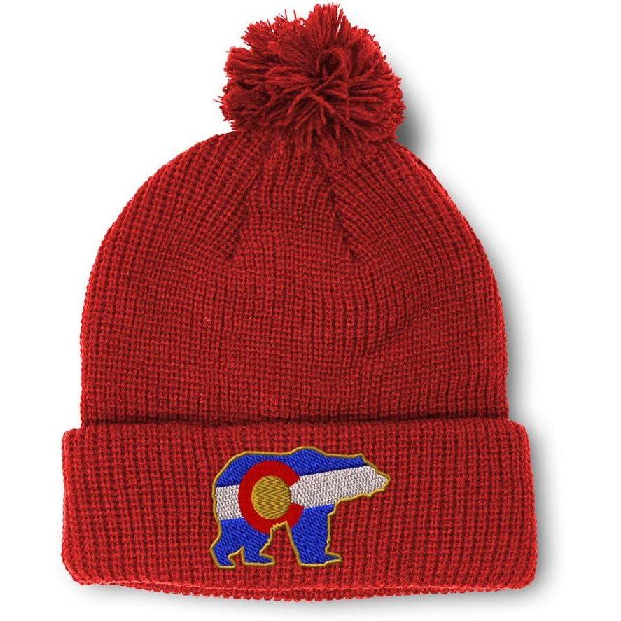 imageSpeedy Pros Pom Pom Beanies for Women Colorado State Flag Bear Embroidery Skull Cap Winter Hats for Men Acrylic 1 SizeRed Design Only
