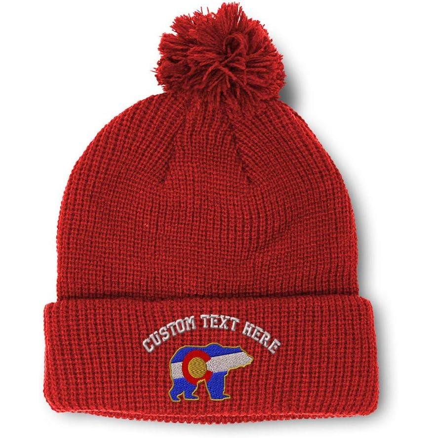 imageSpeedy Pros Pom Pom Beanies for Women Colorado State Flag Bear Embroidery Skull Cap Winter Hats for Men Acrylic 1 SizeRed Personalized Text Here