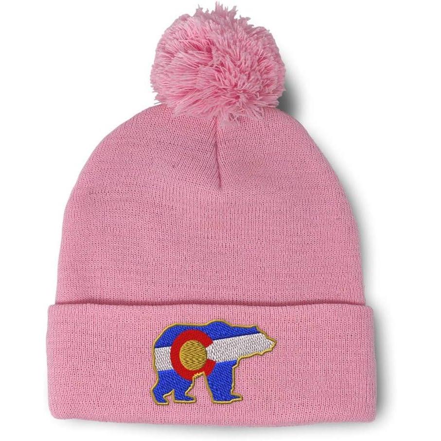 imageSpeedy Pros Pom Pom Beanies for Women Colorado State Flag Bear Embroidery Skull Cap Winter Hats for Men Acrylic 1 SizeSoft Pink Design Only