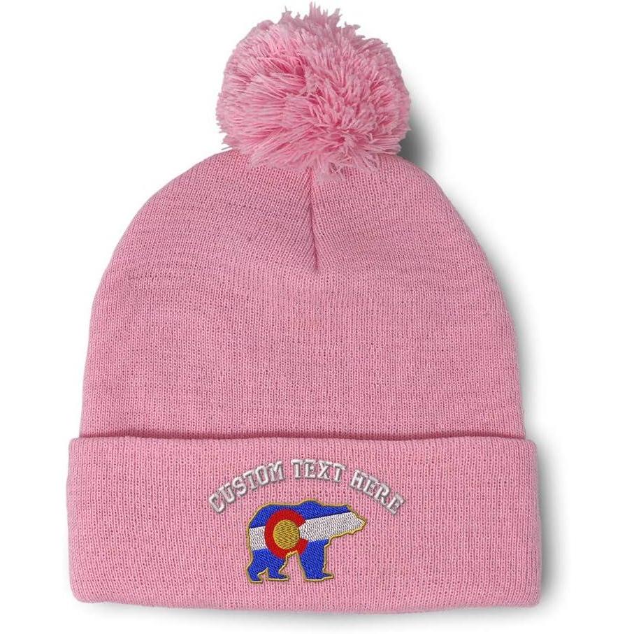 imageSpeedy Pros Pom Pom Beanies for Women Colorado State Flag Bear Embroidery Skull Cap Winter Hats for Men Acrylic 1 SizeSoft Pink Personalized Text Here