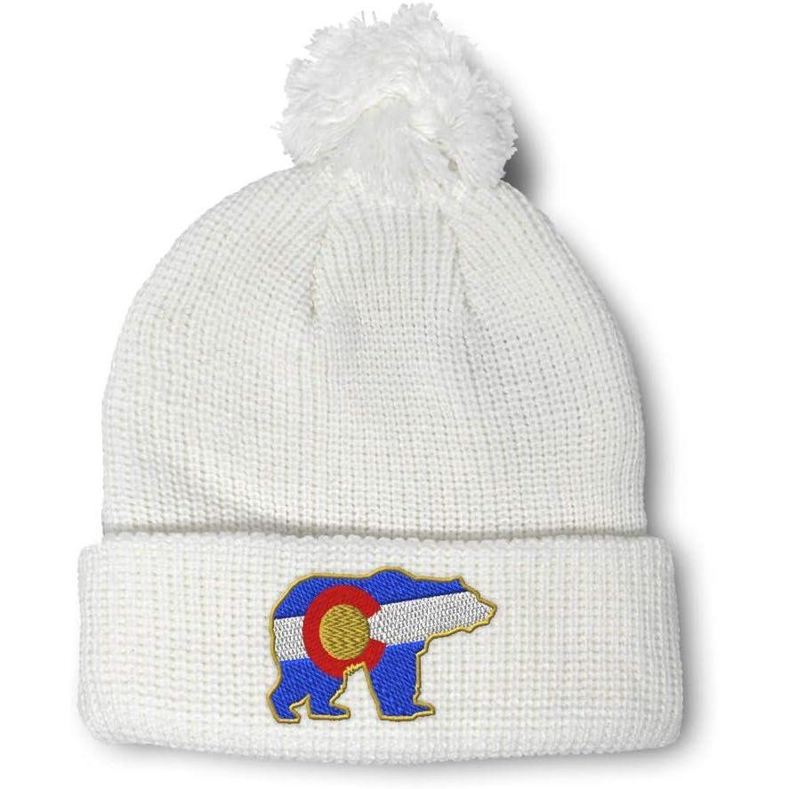 imageSpeedy Pros Pom Pom Beanies for Women Colorado State Flag Bear Embroidery Skull Cap Winter Hats for Men Acrylic 1 SizeWhite Design Only