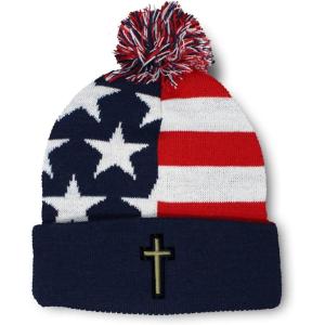 imageCustom Pom Pom Beanies for Women Chaplain Cross Jesus God Embroidery Skull Cap Winter Hats for Men 1 SizeAmerican Flag Design Only