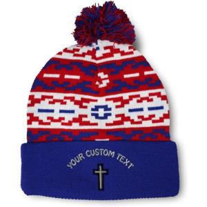 imageCustom Pom Pom Beanies for Women Chaplain Cross Jesus God Embroidery Skull Cap Winter Hats for Men 1 SizeAmerican Pixel Personalized Text Here