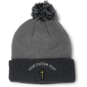 imageCustom Pom Pom Beanies for Women Chaplain Cross Jesus God Embroidery Skull Cap Winter Hats for Men 1 SizeGrey Black Personalized Text Here