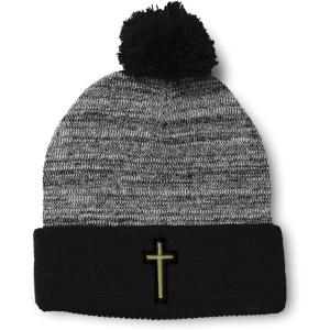 imageCustom Pom Pom Beanies for Women Chaplain Cross Jesus God Embroidery Skull Cap Winter Hats for Men 1 SizeHeather Gray Black Design Only