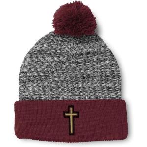 imageCustom Pom Pom Beanies for Women Chaplain Cross Jesus God Embroidery Skull Cap Winter Hats for Men 1 SizeHeather Gray Burgundy Design Only