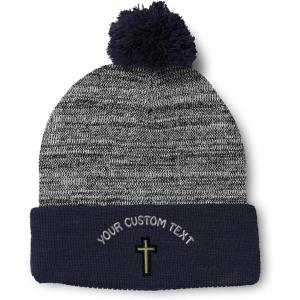 imageCustom Pom Pom Beanies for Women Chaplain Cross Jesus God Embroidery Skull Cap Winter Hats for Men 1 SizeHeather Gray Navy Personalized Text Here