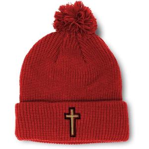 imageCustom Pom Pom Beanies for Women Chaplain Cross Jesus God Embroidery Skull Cap Winter Hats for Men 1 SizeRed Design Only