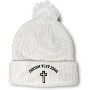 imageCustom Pom Pom Beanies for Women Chaplain Cross Jesus God Embroidery Skull Cap Winter Hats for Men 1 SizeWhite Personalized Text Here
