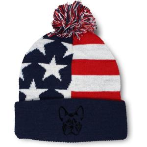 imageCustom Pom Pom Beanies for Women French Bulldog Silhouette Embroidery Skull Cap Winter Hats for Men 1 SizeAmerican Flag Design Only
