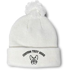 imageCustom Pom Pom Beanies for Women French Bulldog Silhouette Embroidery Skull Cap Winter Hats for Men 1 SizeWhite Personalized Text Here