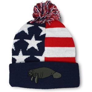 imageCustom Pom Pom Beanies for Women Manatee Embroidery Skull Cap Winter Hats for Men Acrylic 1 SizeAmerican Flag Design Only