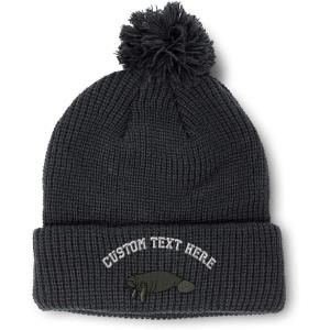imageCustom Pom Pom Beanies for Women Manatee Embroidery Skull Cap Winter Hats for Men Acrylic 1 SizeBlack Personalized Text Here