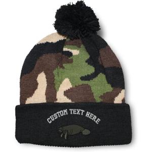 imageCustom Pom Pom Beanies for Women Manatee Embroidery Skull Cap Winter Hats for Men Acrylic 1 SizeCamo Personalized Text Here