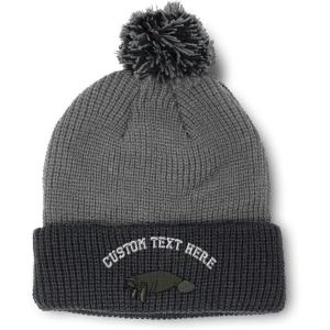 imageCustom Pom Pom Beanies for Women Manatee Embroidery Skull Cap Winter Hats for Men Acrylic 1 SizeGrey Black Personalized Text Here