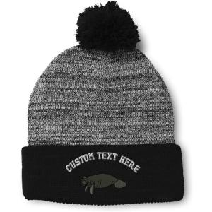 imageCustom Pom Pom Beanies for Women Manatee Embroidery Skull Cap Winter Hats for Men Acrylic 1 SizeHeather Gray Black Personalized Text Here