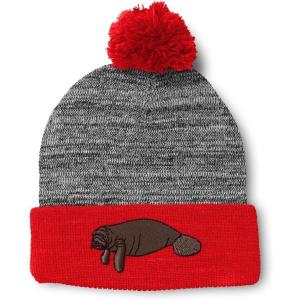 imageCustom Pom Pom Beanies for Women Manatee Embroidery Skull Cap Winter Hats for Men Acrylic 1 SizeHeather Gray Red Design Only