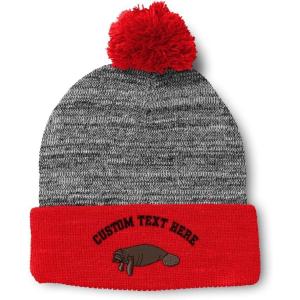 imageCustom Pom Pom Beanies for Women Manatee Embroidery Skull Cap Winter Hats for Men Acrylic 1 SizeHeather Gray Red Personalized Text Here