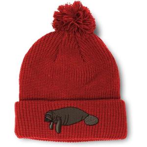 imageCustom Pom Pom Beanies for Women Manatee Embroidery Skull Cap Winter Hats for Men Acrylic 1 SizeRed Design Only