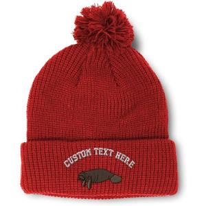 imageCustom Pom Pom Beanies for Women Manatee Embroidery Skull Cap Winter Hats for Men Acrylic 1 SizeRed Personalized Text Here