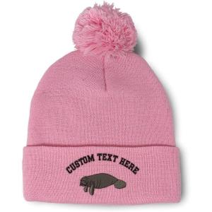 imageCustom Pom Pom Beanies for Women Manatee Embroidery Skull Cap Winter Hats for Men Acrylic 1 SizeSoft Pink Personalized Text Here
