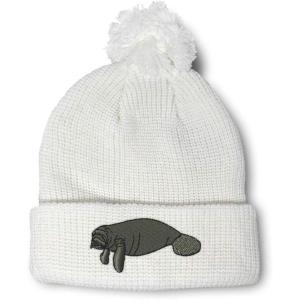 imageCustom Pom Pom Beanies for Women Manatee Embroidery Skull Cap Winter Hats for Men Acrylic 1 SizeWhite Design Only