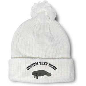 imageCustom Pom Pom Beanies for Women Manatee Embroidery Skull Cap Winter Hats for Men Acrylic 1 SizeWhite Personalized Text Here