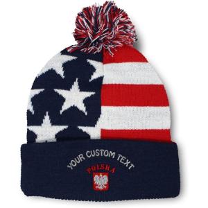 imageCustom Pom Pom Beanies for Women Poland Polska Seal Flag Embroidery Skull Cap Winter Hats for Men 1 SizeAmerican Flag Personalized Text Here